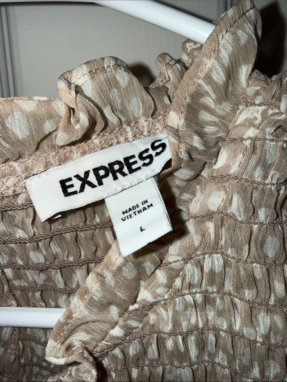 Express Neutral Smocked Ruffled Neck Blouse - Picture 5 of 7